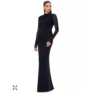 Betsy & Adam $269 Women's Black Rhinestone Ruched Long Sleeve Gown Size 14